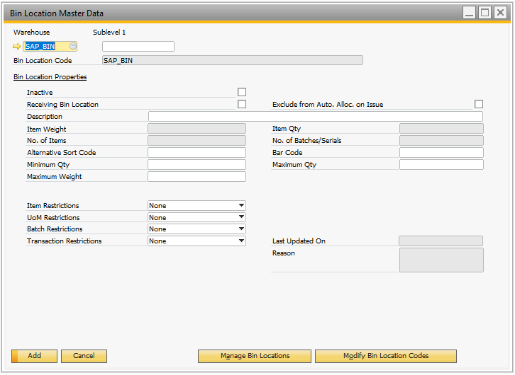Bin Location Master Data (SAP)